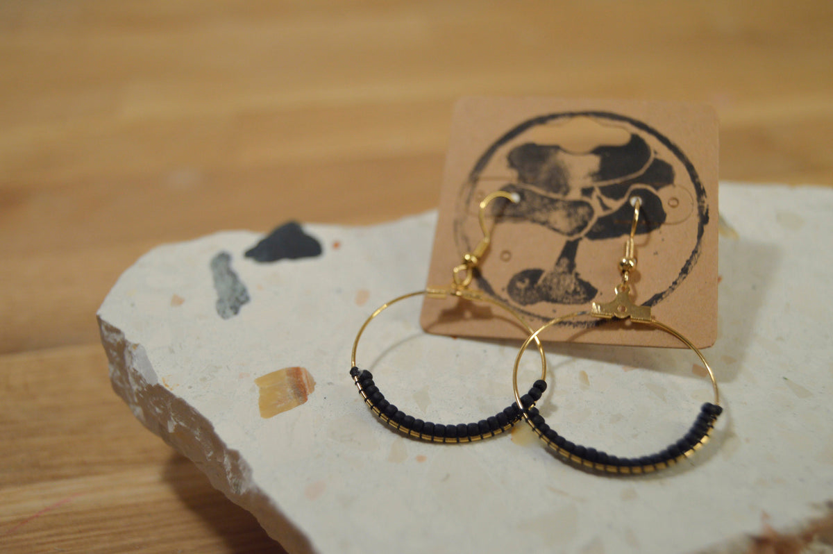 Black Threaded Bead Dangle Earring // Handmade Earring // Bead Earring // Dangle Earring // Stainless Steel // Gold Colour