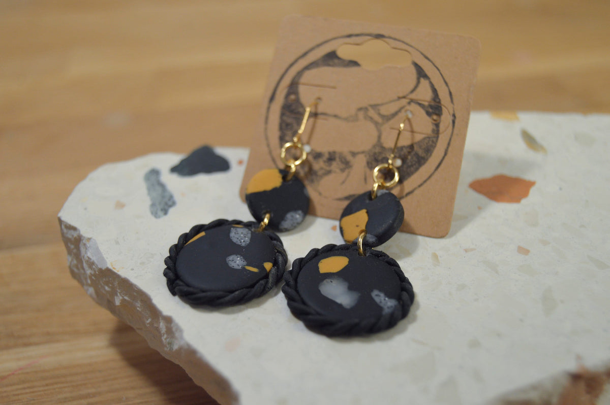 Black & Gold Terrazzo Inspired Earring // Handmade Earring // Polymer Clay Earring // Dangle Earring // Stainless Steel // Gold Colour