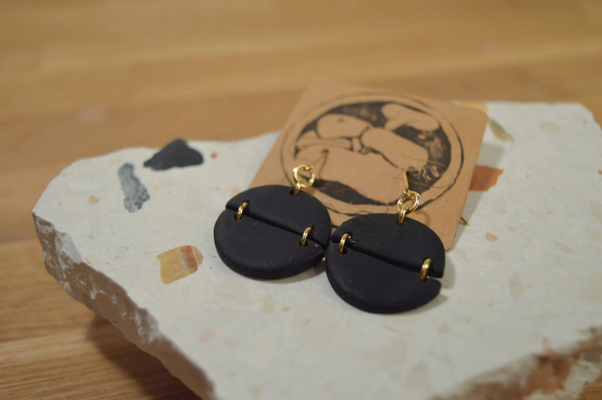 Black Split Circle Dangle Earring // Handmade Earring // Polymer Clay Earring // Dangle Earring // Stainless Steel